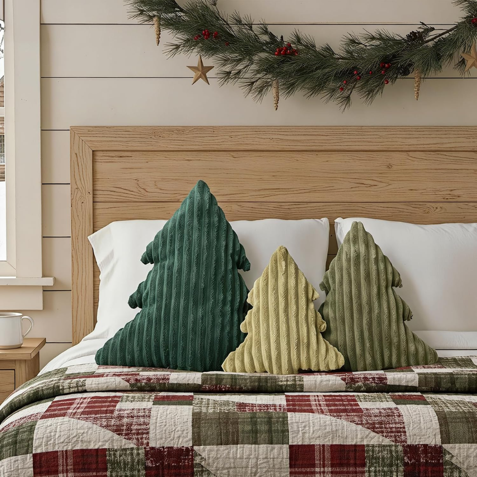 Décorations de Noël Oreillers en peluche en velours vert doux Arbre de Noël en forme d'oreiller