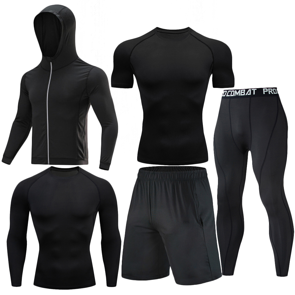 Hommes 5 pièces Ensemble d'entraînement de compression Veste zippée à capuche manches longues manches courtes