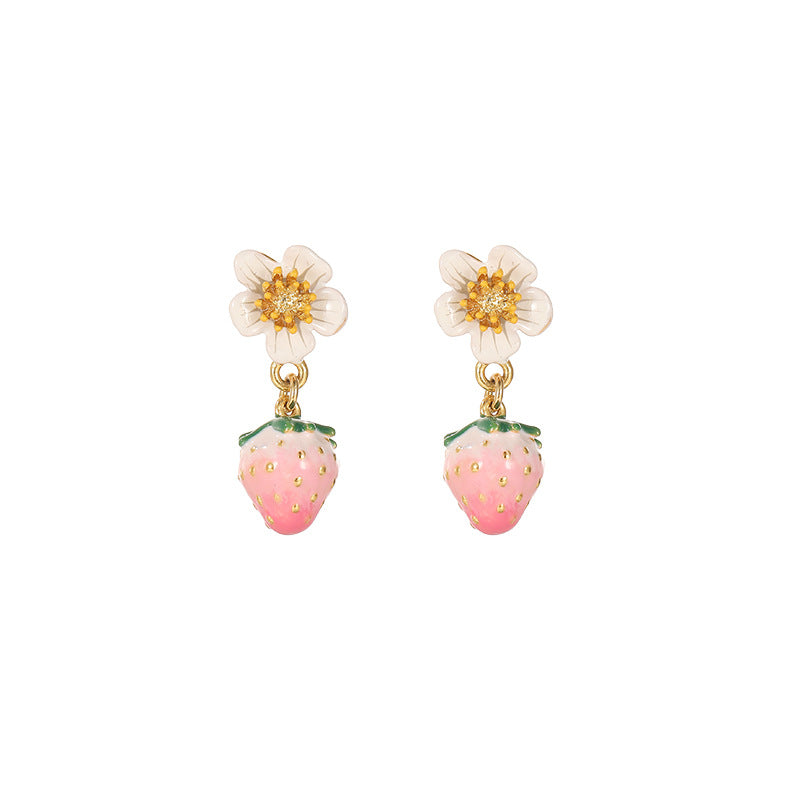 Boucles d'oreilles en argent émail fraise pour femmes