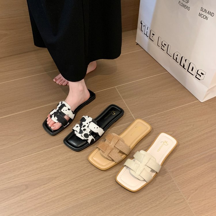 Femmes H en forme de croix Strap carré Toe Sandales plates à glissière