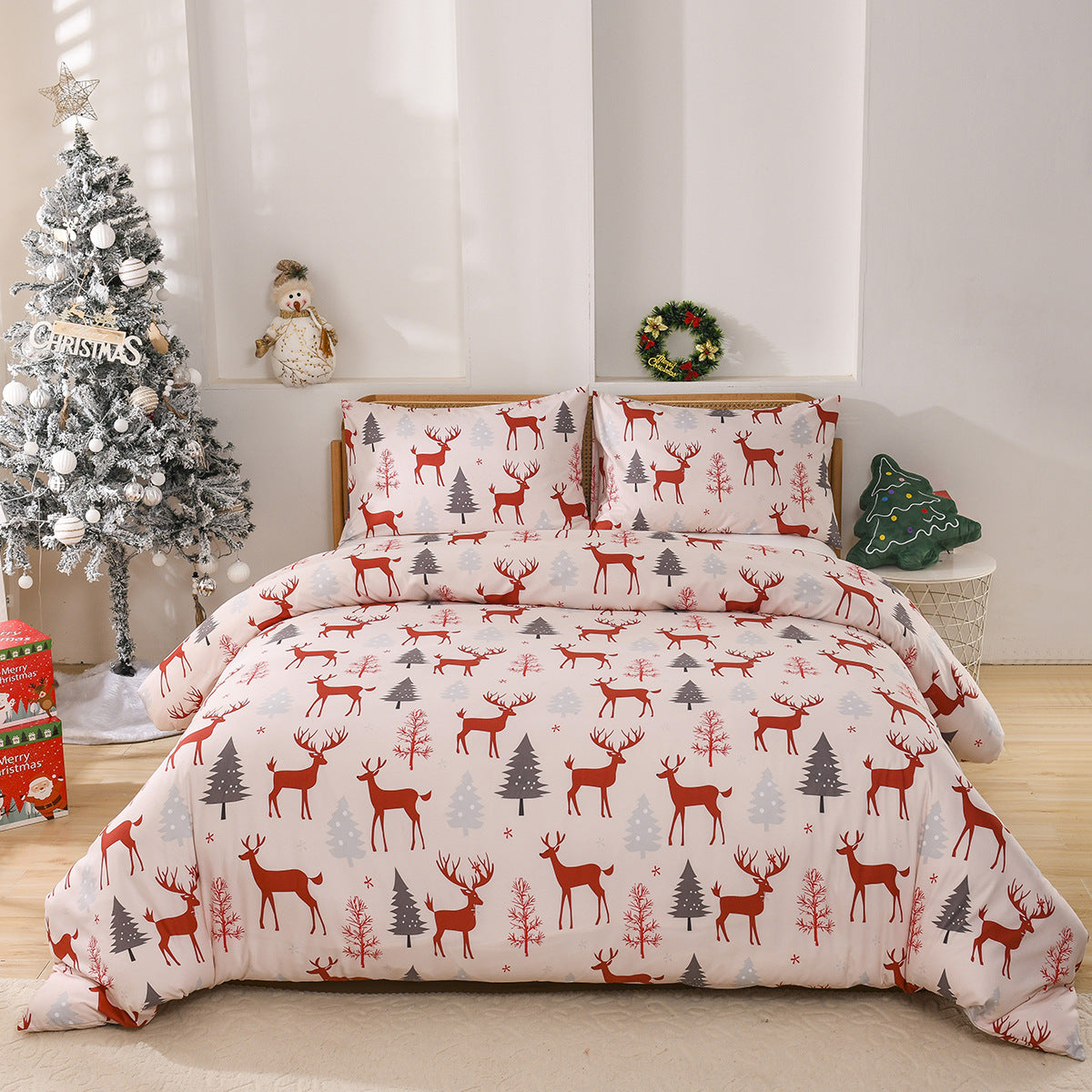 Couvre-lits motif de cerf de la forêt de Noël Ensemble de trois pièces