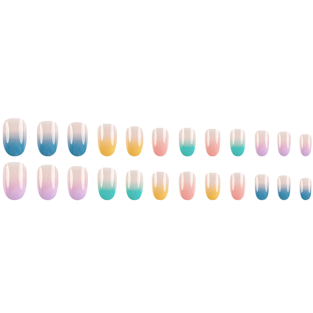 24 pièces Court Ovale Arc-en-ciel Gradient Design Nail Polish Set.Long Press On The Nail. Inclure