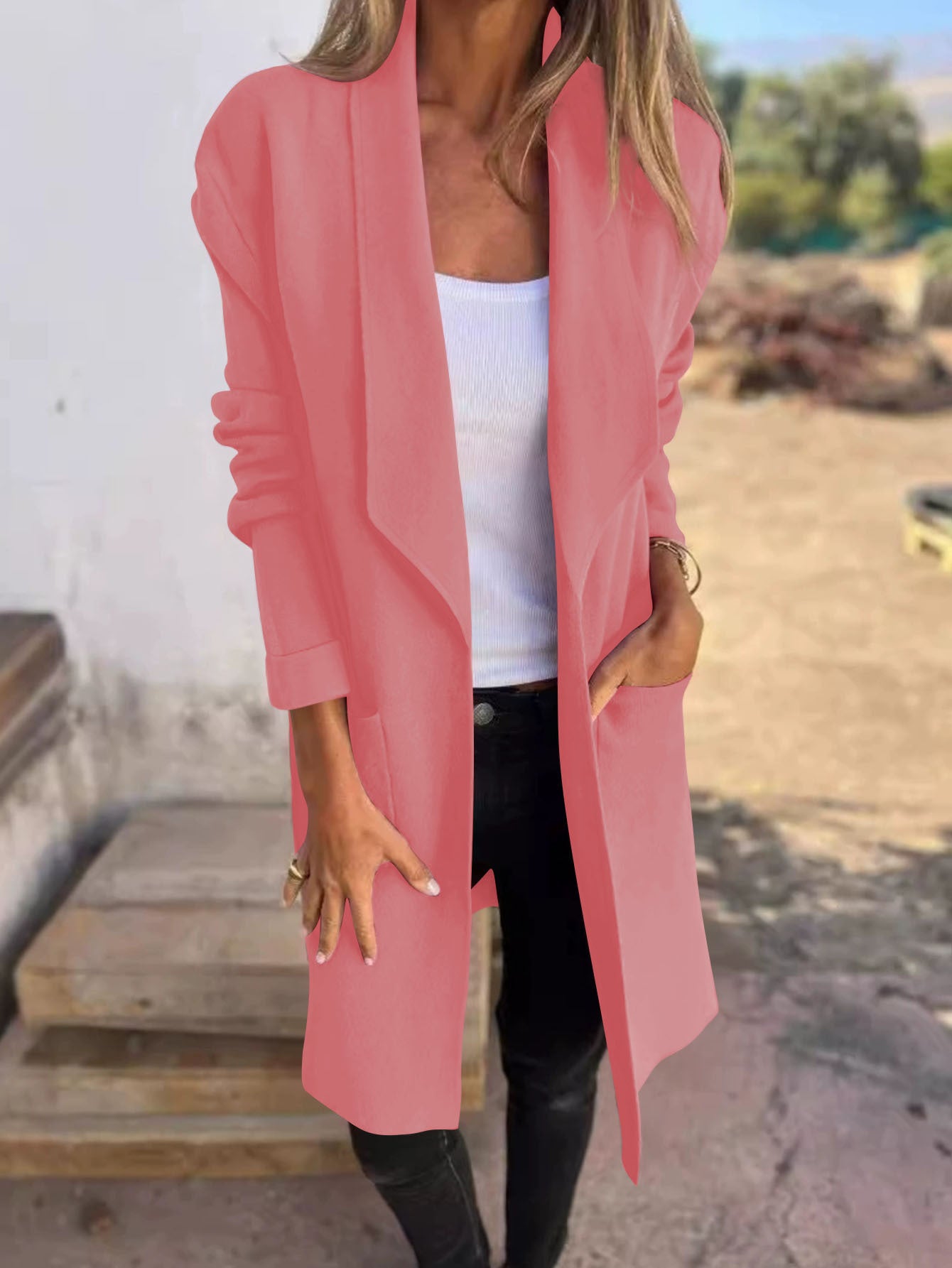 Femmes Waterfall Lapel Ouvert Avant Coat Longue Manche Loose Mid Longueur Veste Casual Outerwear