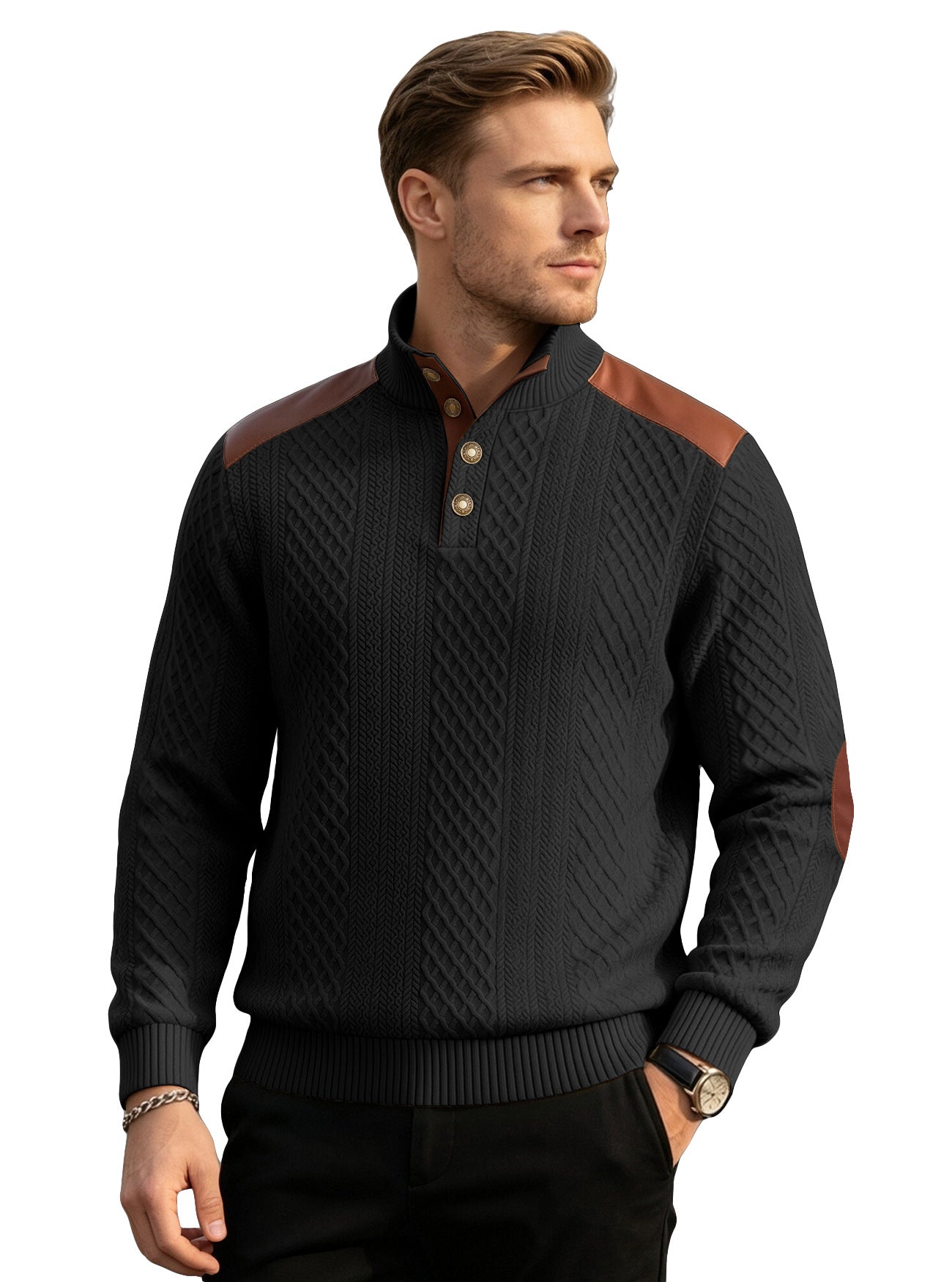 Texturé américain homme Jacquard Collared Knit Sweater avec épaule Patchwork Loose Long-