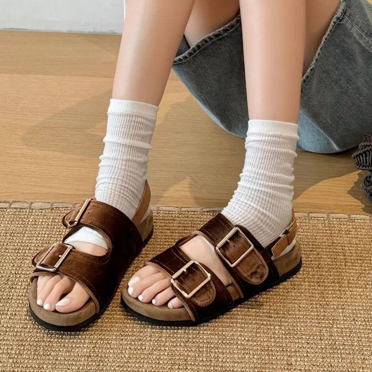 Femmes Round Toe Velvet Double Strap Lazy Platform Birken Sandals Sli