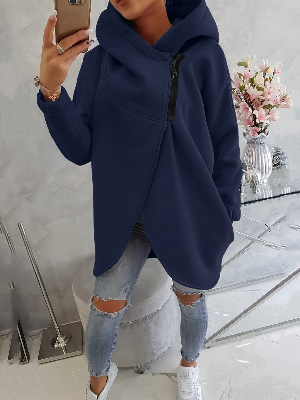 Sweat-shirt casual à capuche noir à manches longues européen et américain avec fron