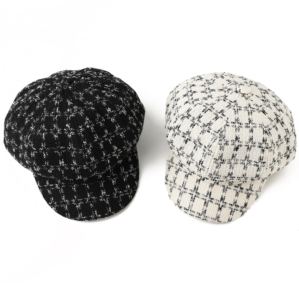 Patterned Tweed Octagonal Newsboy Cap avec un style rétro britannique