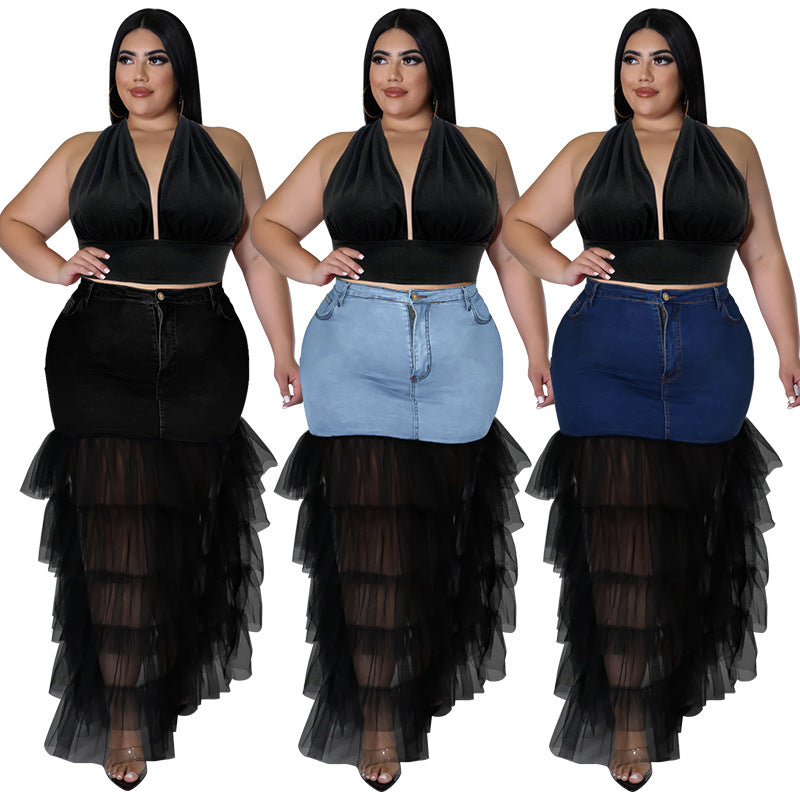 218187 L'Europe et les États-Unis Grande taille Laver les femmes Denim Mesh Sexy Jupe Amazon