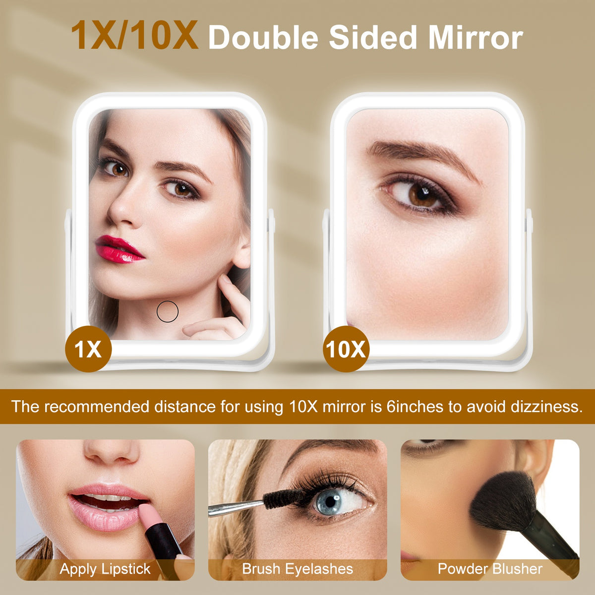 1Pc 10X miroir de maquillage lumineux grossissant Double côté miroir de maquillage de voyage avec 3 lumière Co