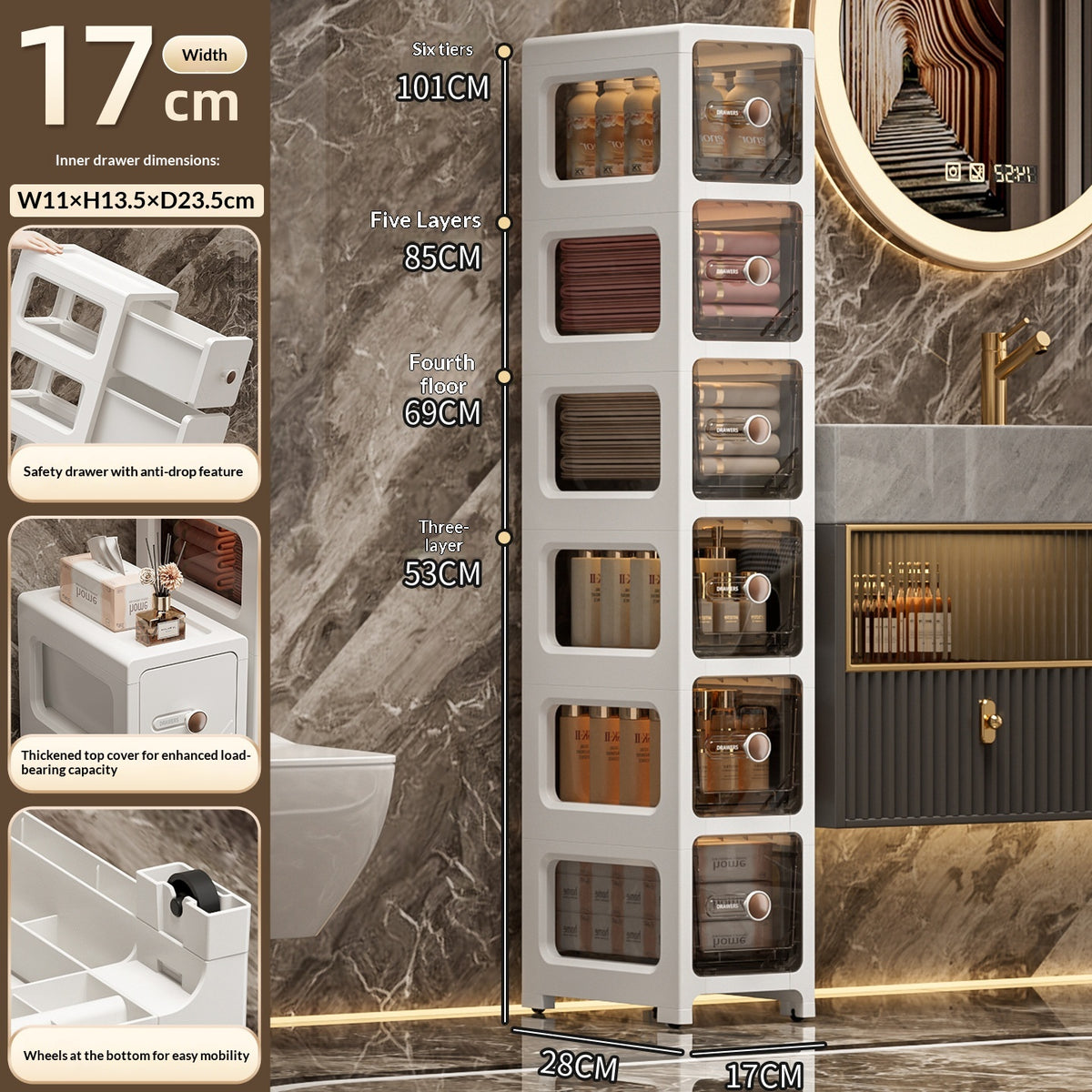 Cabinet de rangement en plastique multi-tier style tiroir salle de bains