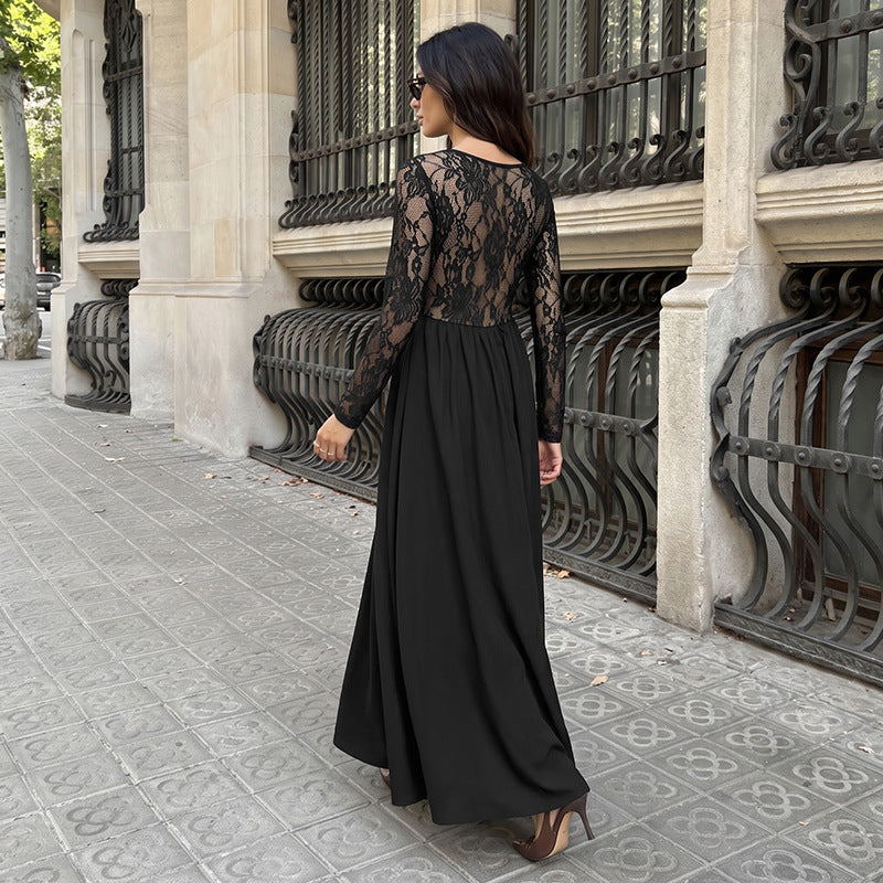 Élégante robe à manches longues en dentelle à col carré