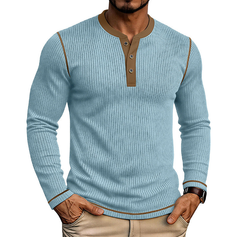 T-shirt manches longues pour hommes avec un chandail Henley bloqué en couleur