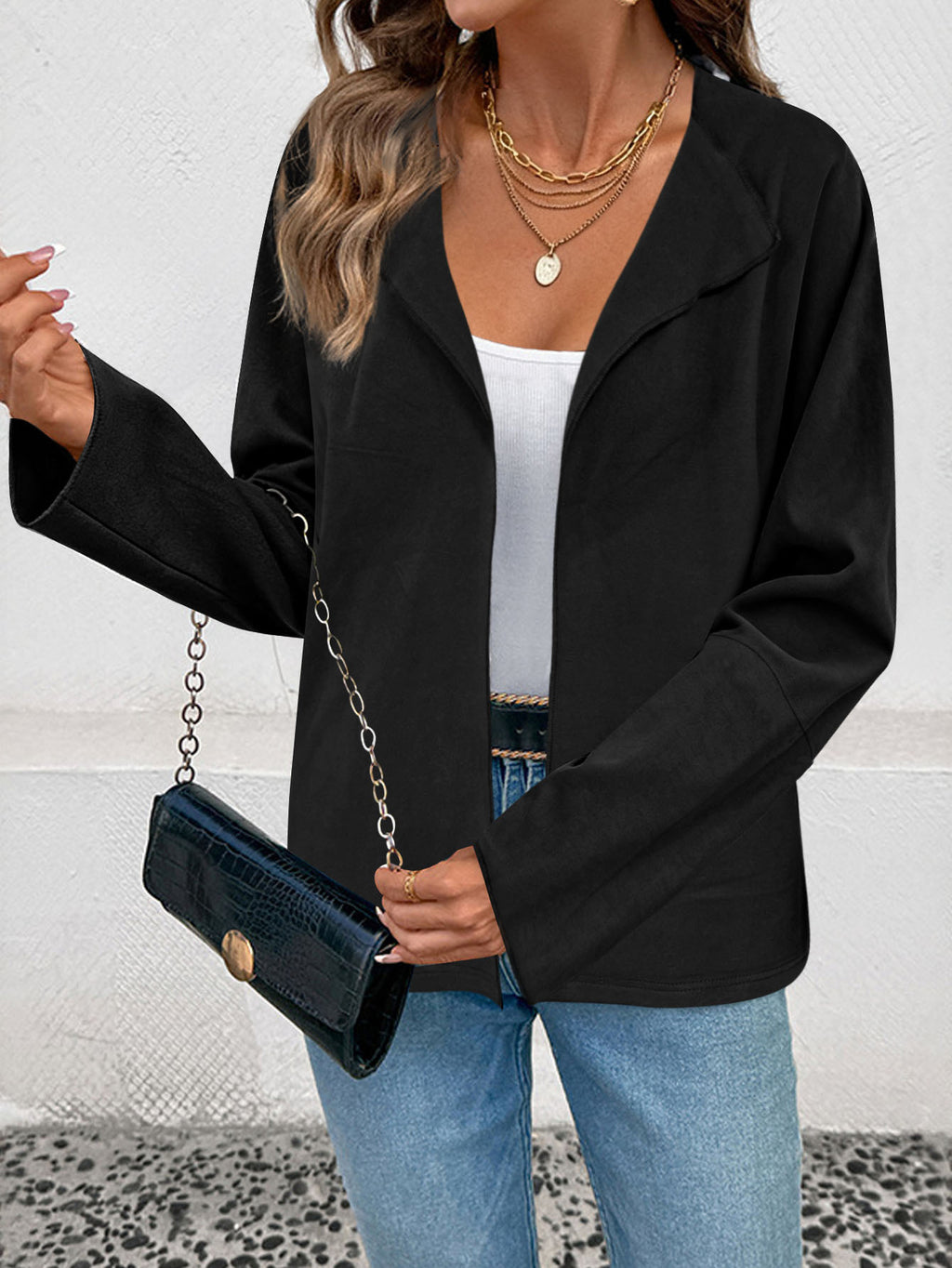 Femmes Ouvert Avant Blazer Veste Lapel Collar 3 4 Manches Casual Loose Solid Couleur Carte courte