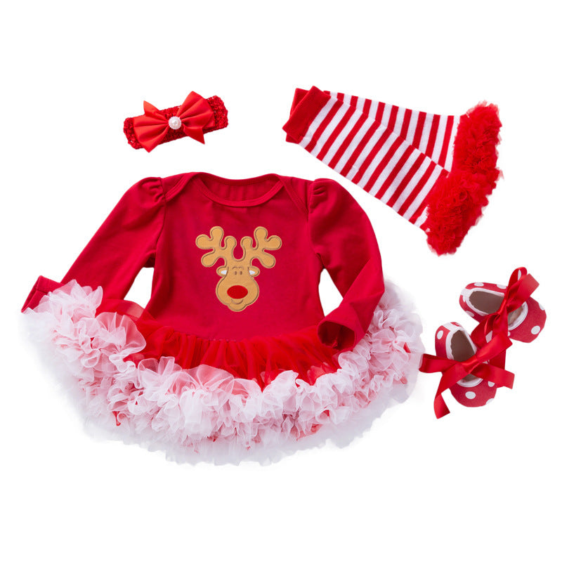 Bébé Noël à manches longues Robe de Romper rouge Tulle Une pièce Ensemble de quatre pièces