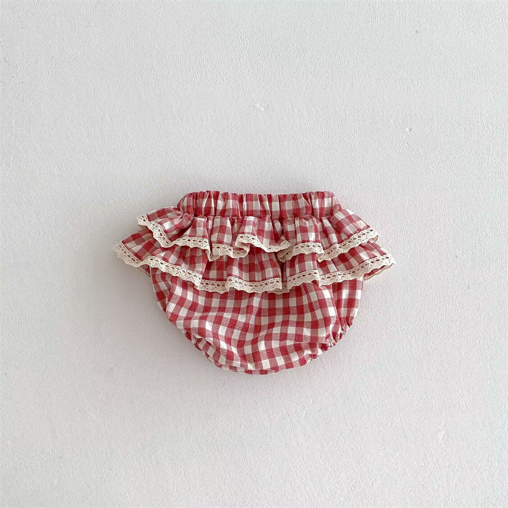 Filles Plaid Dentelle Culottes avec double couche Ruffled Trim