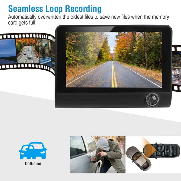 1296P Voiture DVR Dash Camera 4En 3 Lens Vehicle Drive Recorder Enregistrement sans couture