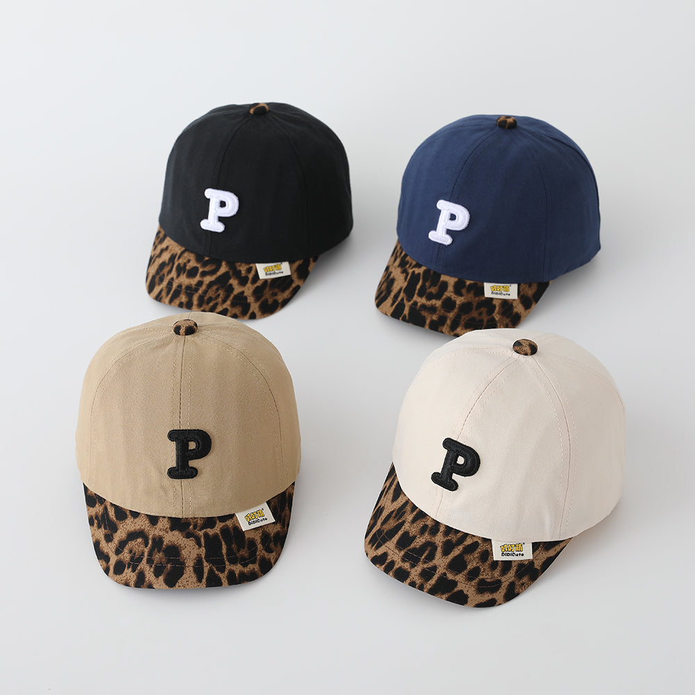 Children's Patchwork Leopard Print Brimmed Letter P Three-Dimensional Embroidered Adjustable