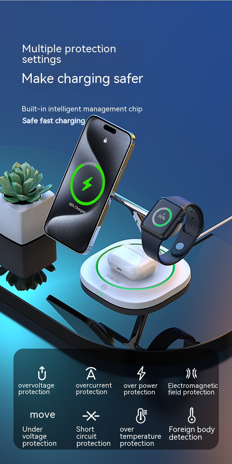 Téléphone portable Chargeur sans fil à aspiration magnétique 3-en-un 15W MagSafe Earphone Watch Des
