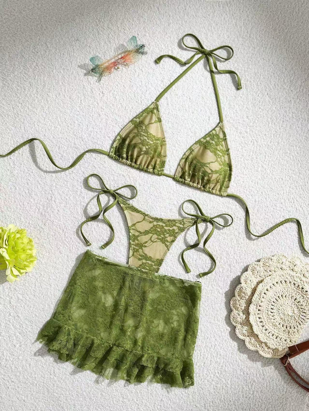Femmes Dentelle Bikini Maillot de bain en trois parties