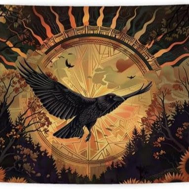 Halloween Noir Raven Sunrise Sunflower Tapestry