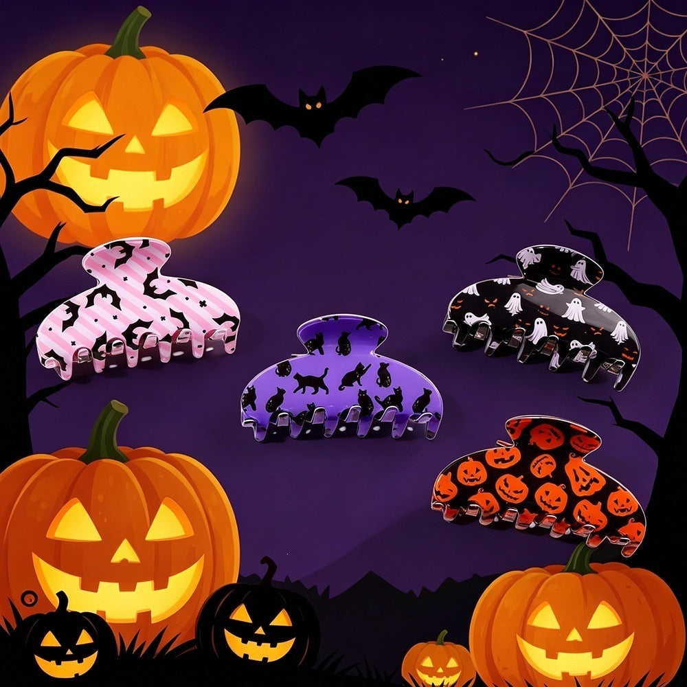 Clip de griffe de requin d'Halloween - Ghost Pumpkin Black Cat Print Hair Accessory for Women Girls P