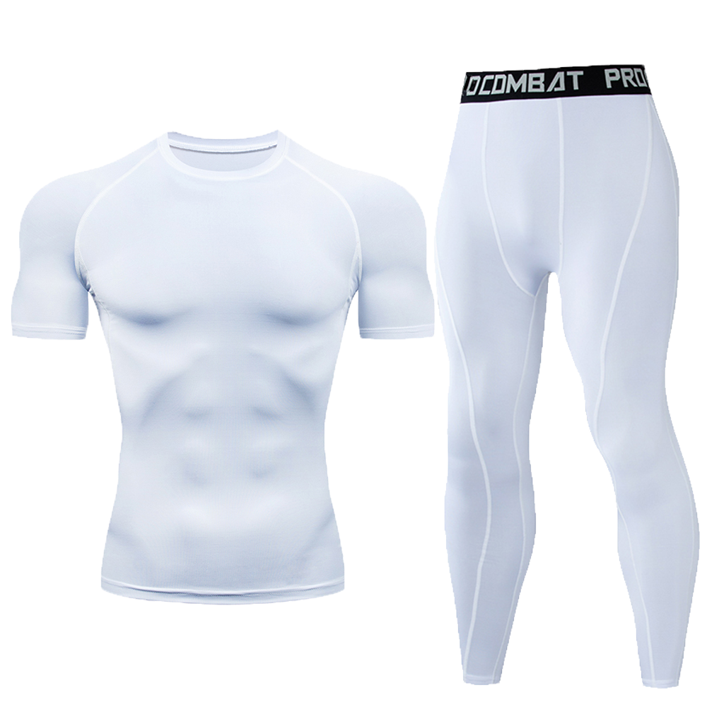 Hommes 2Pcs Fluorescent Green Compression Set Quick Dry Short Sleeve Tight chemise longue legging
