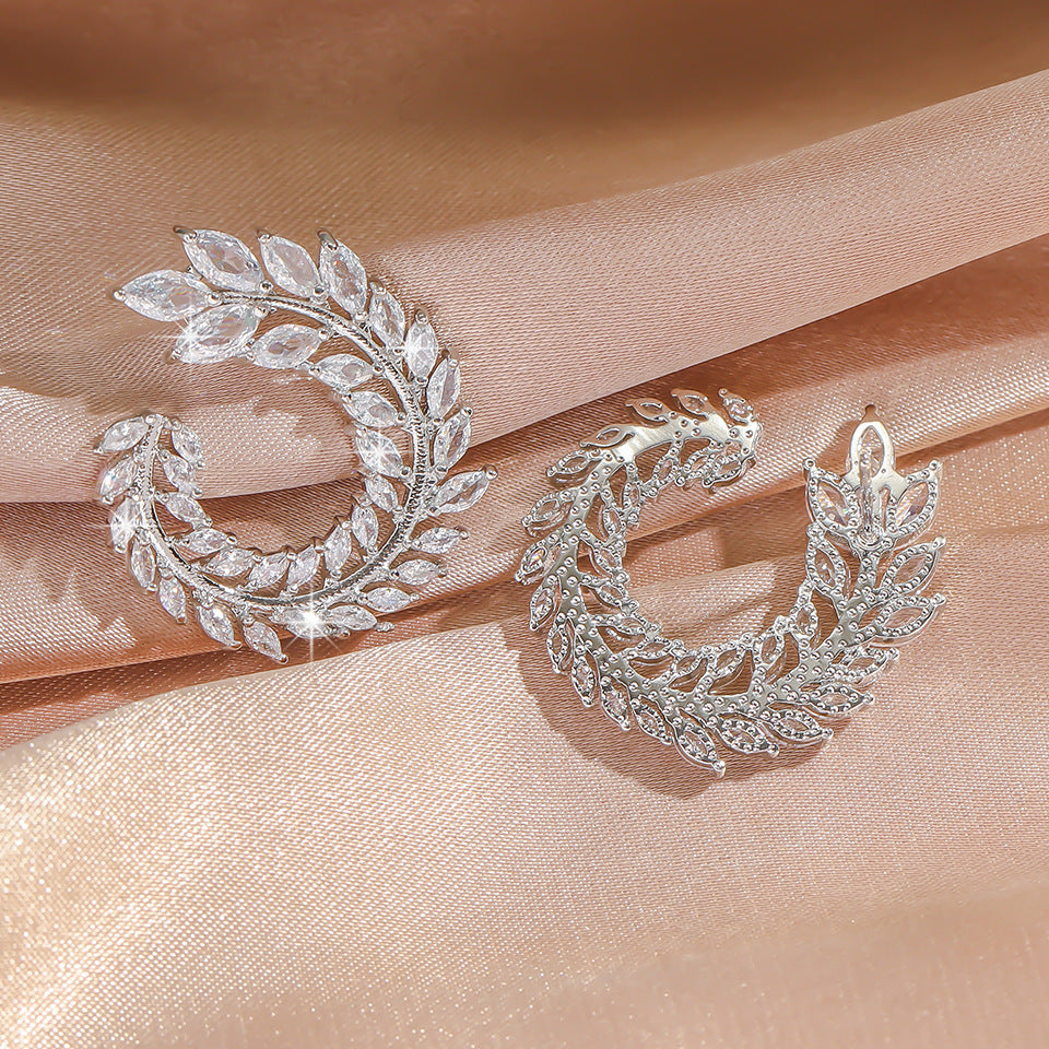 Cross-Border New Product Olive Branch Zircon C-Shaped Earrings Silver Full Diamond Earrings Simple Commuter Style European And American Style Cross-Bo