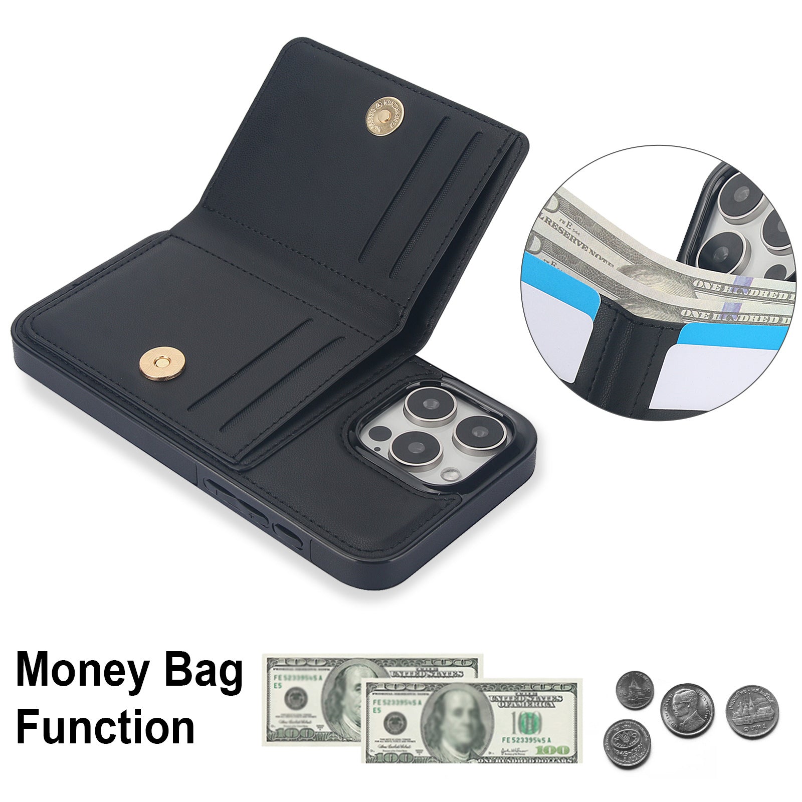 Coque téléphonique avec un support de carte Flip adapté à l'utilisation avec un support de bague