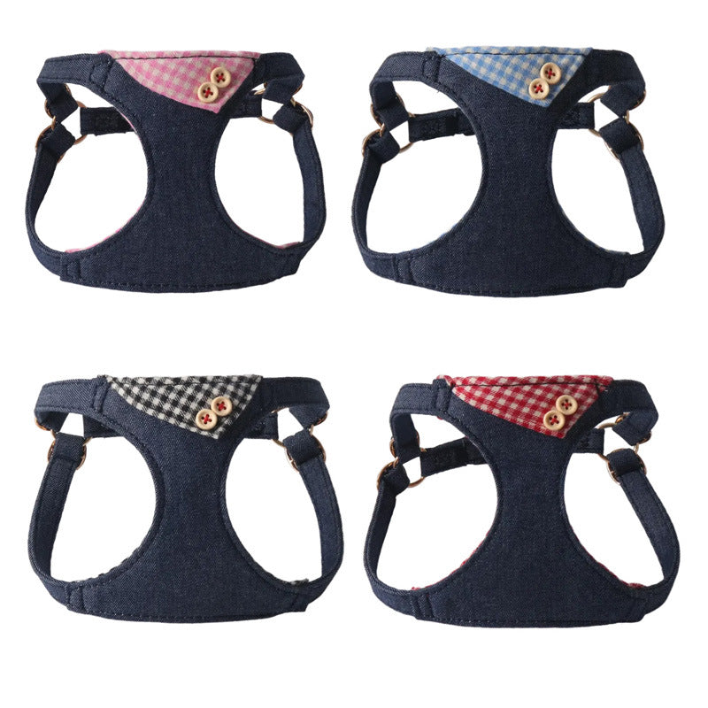 Patchwork de denim bleu foncé Plaid Pet Harness Set