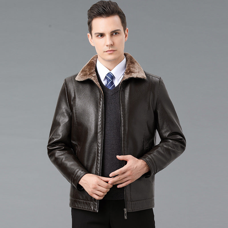 Véritable manteau en cuir et fourrure d'une seule pièce avec un lapel doublé de polaire pour plus de chaleur