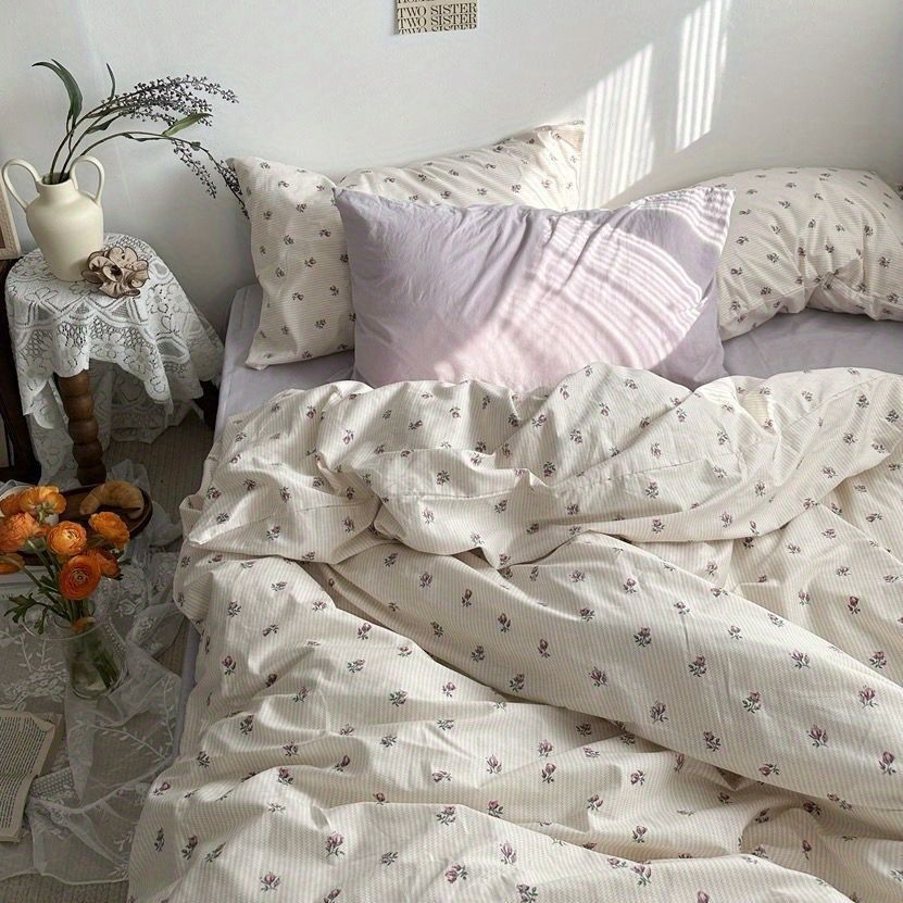 Draps de lit et couverture de couette en coton lavé doux Ensemble de quatre pièces