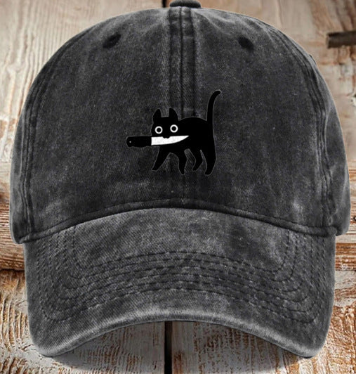 Chapeau en coton lavé imprimé chat avec une finition difficile