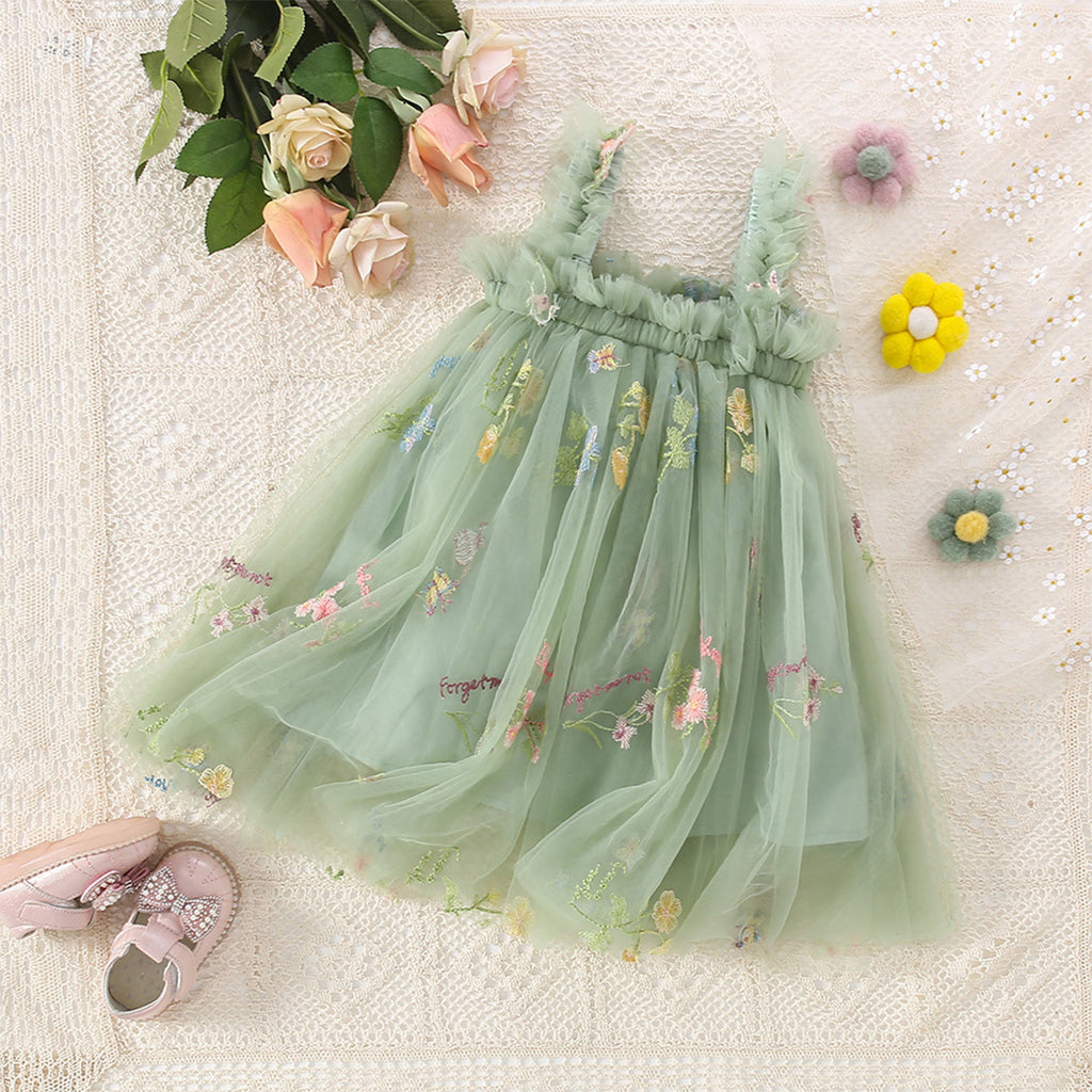 Été Arrivée douce et mignonne sangle florale Mesh robe pour les filles