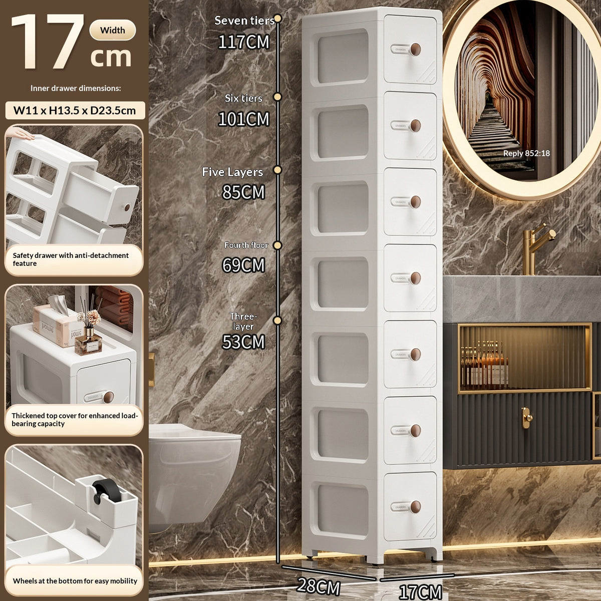 Cabinet de rangement en plastique multi-tier style tiroir salle de bains