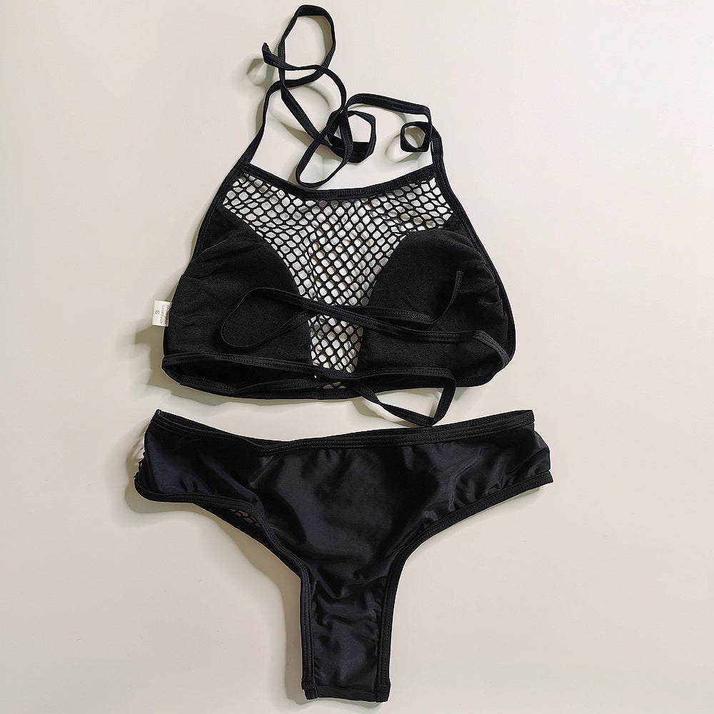 Bikini de maillot de bain deux pièces en maille sexy de couleur unie