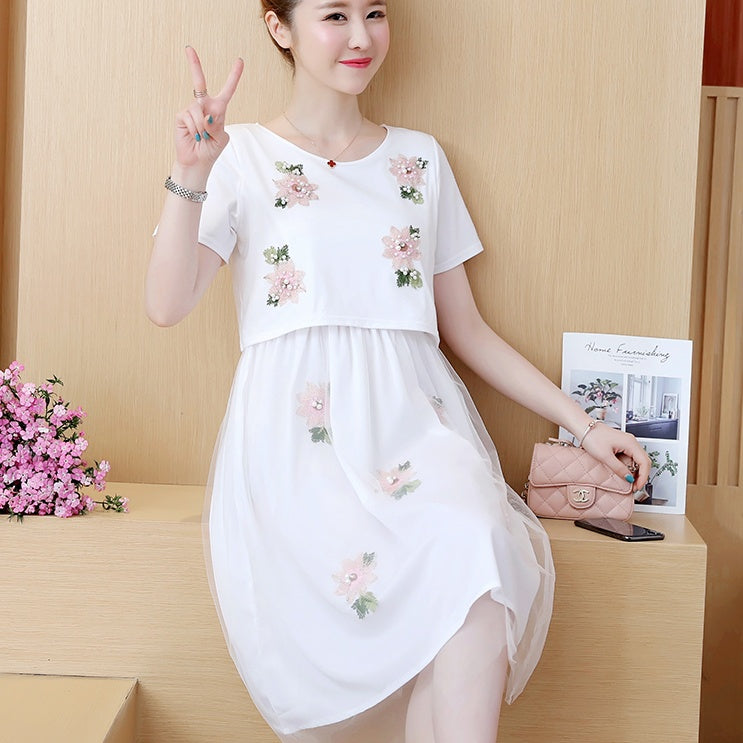 Été Coréen Mode Mid-Length Faux à manches courtes deux pièces Allaitement Plus Dres de taille