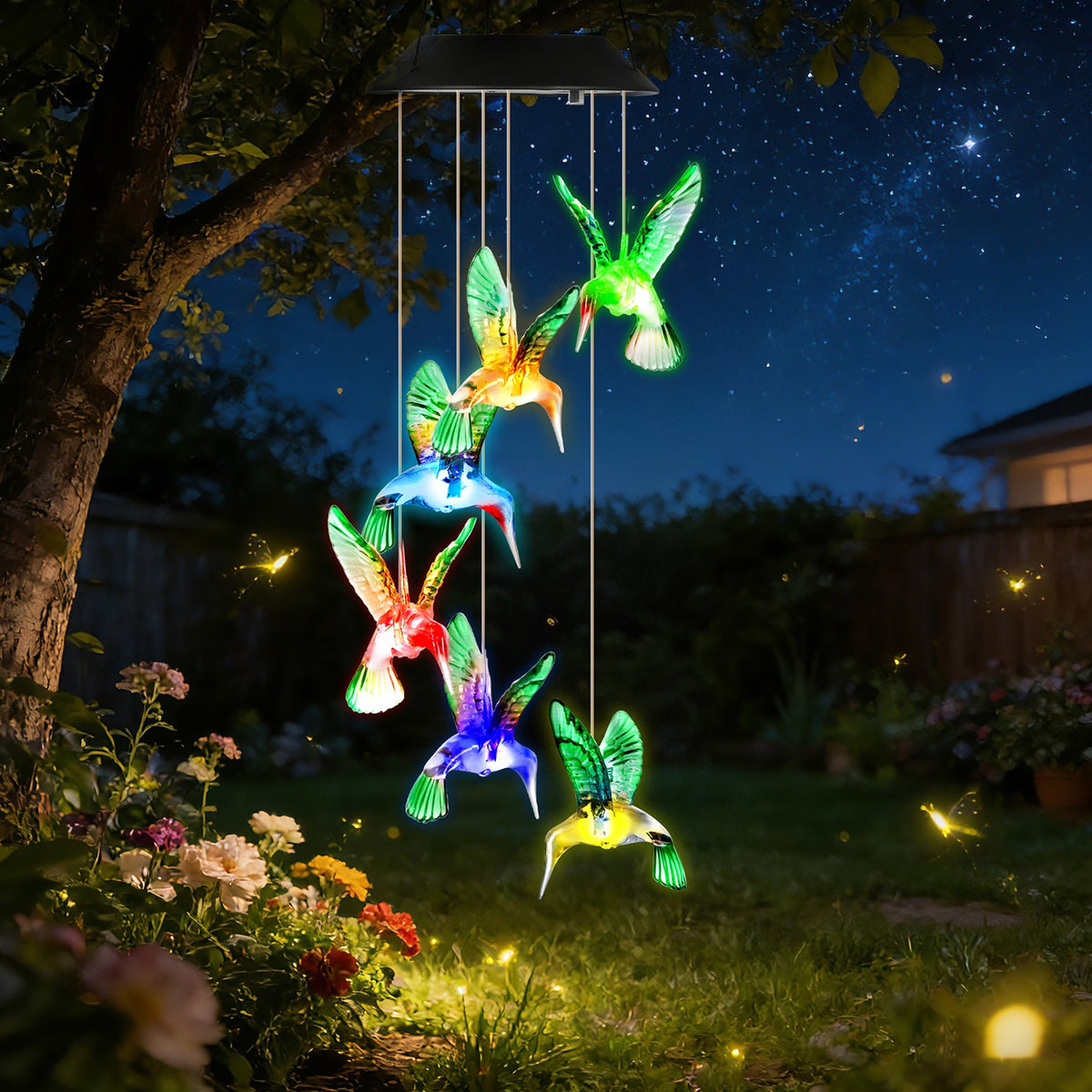 2Pcs Solar Hummingbird Wind Chime 7-Color Changing Wind Chime for Outdoor IPX4 Waterproof