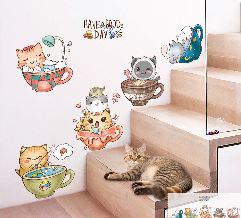 Stickers Armoire Cat Cartoon Stickers Décoration de chambre Créative Stickers Mur Litter Cat