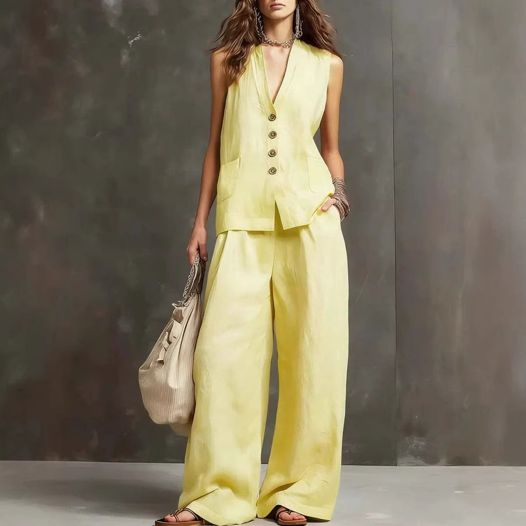 Arrivée Women S Set Veste sans manches et pantalons à jambes larges Ensemble de deux pièces en coton