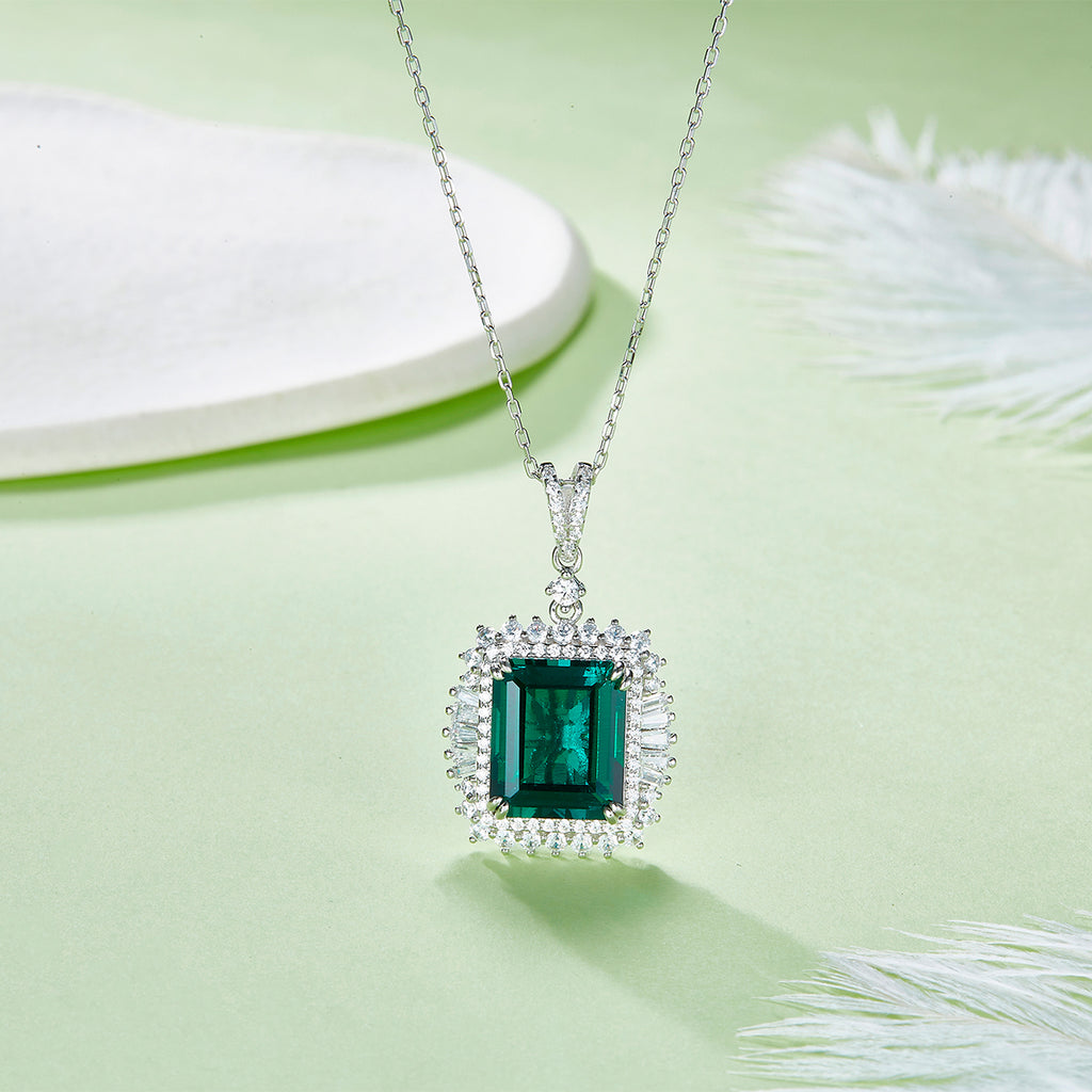 S925 Sterling Silver 10x12mm Lab-Grown Ruby Sapphire Emerald Halo Pendant Necklace