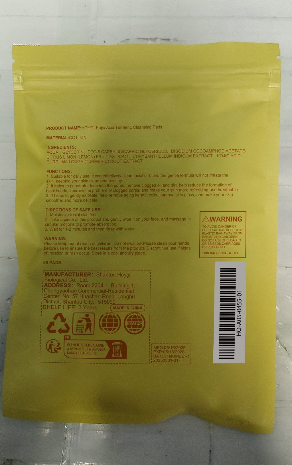 HOYGI Plaquettes de nettoyage du visage en curcuma et en acide Kojic