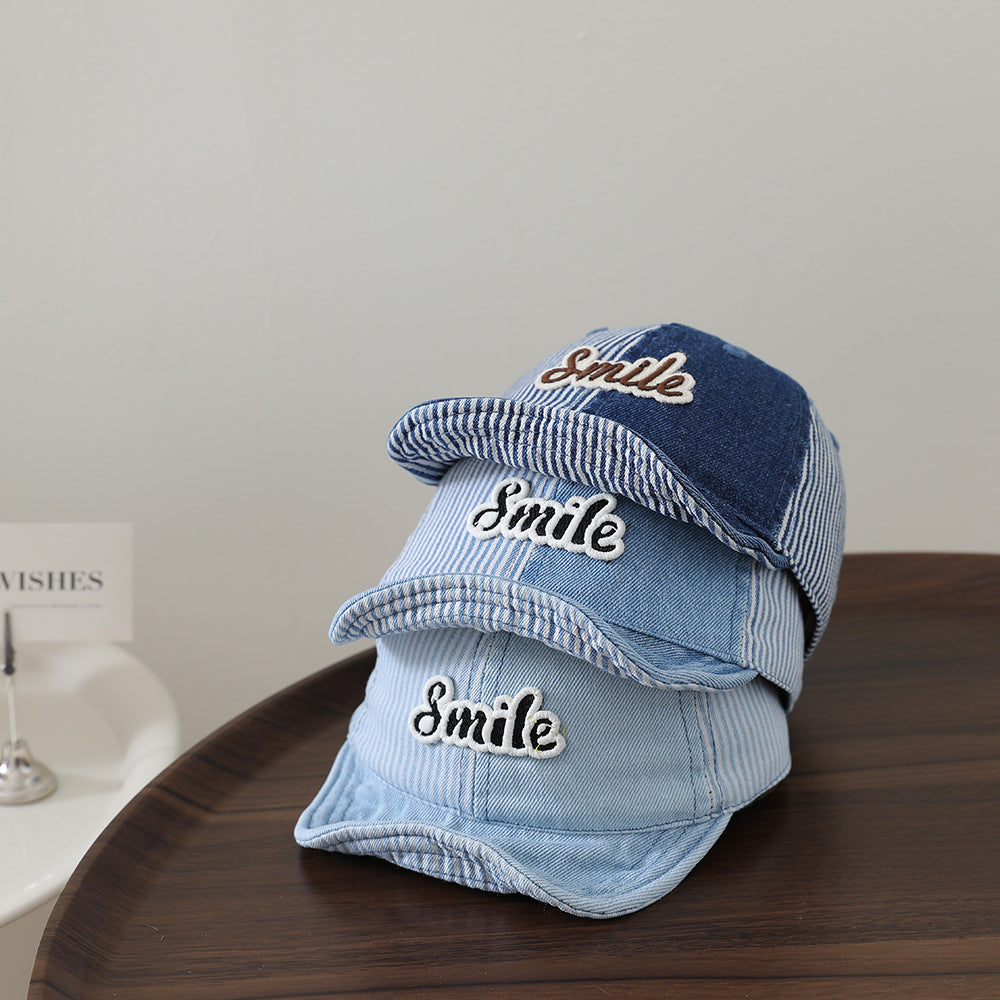 Bandes de patchwork Lavées Beanie bébé denim avec lettre Patch Soft Brim Casquette de baseball pour Ou