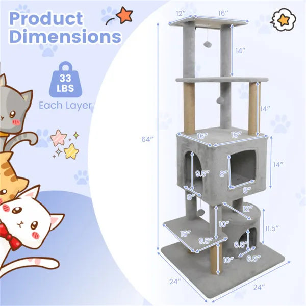 64" Light Gray Cat Tree with Plush Perches and 3 Dangling Balls