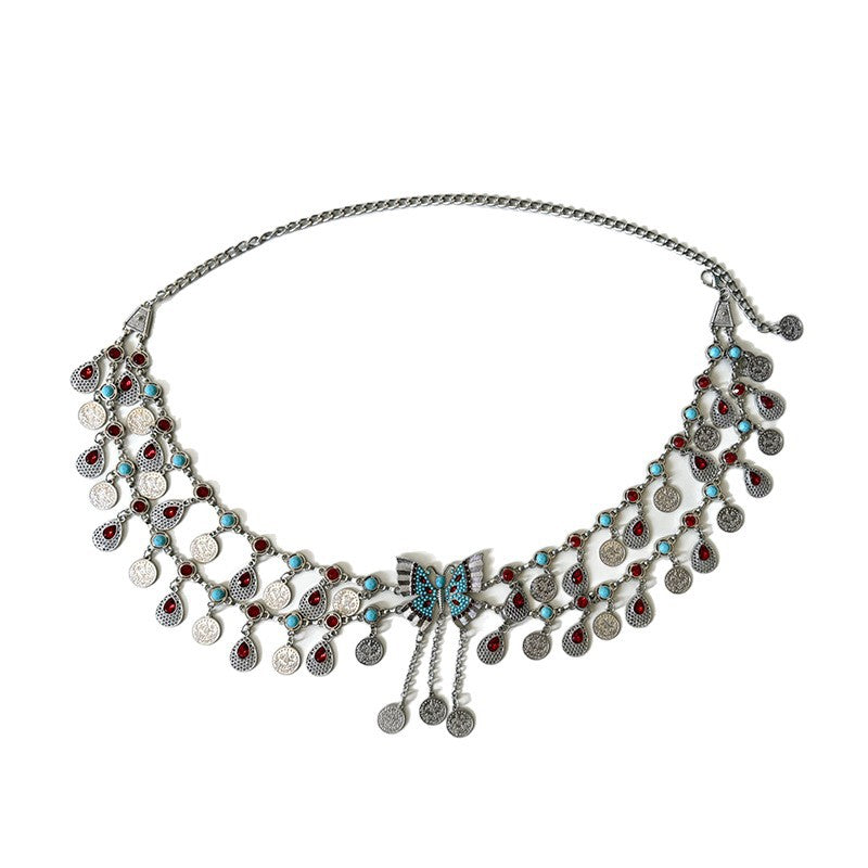 Retro Ethnic Style Butterfly Strass Waist Chain Avec Turquoise Coin Pendentif Tassel Bel