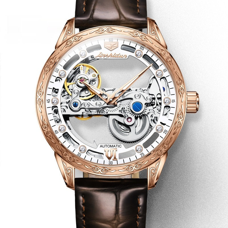 Montre mécanique openwork avec bracelet en cuir imperméable pour hommes