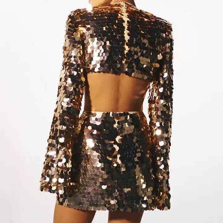 Douce et épicée manches longues femmes Col rond Sexy Grande robe de soirée à paillettes