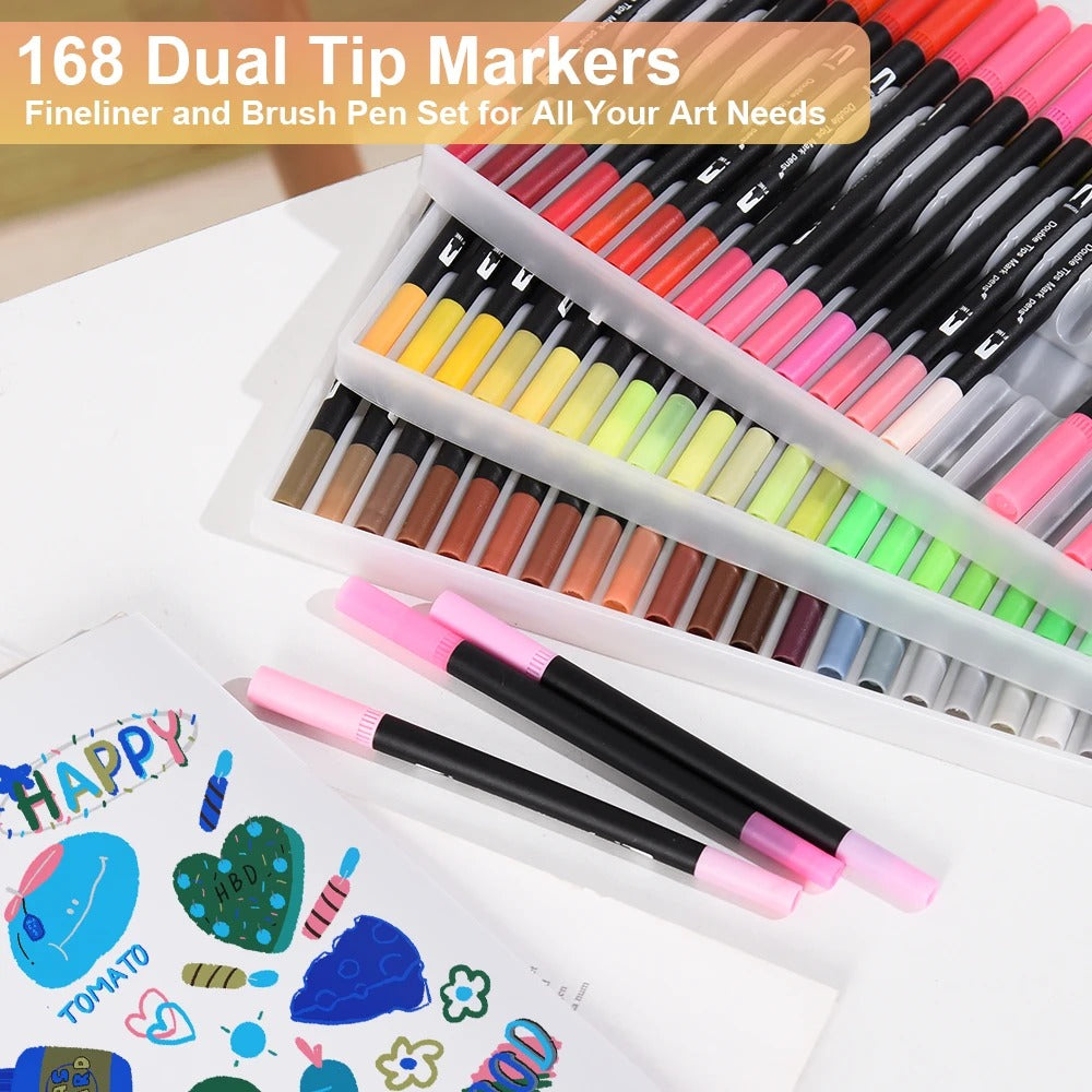 168 Colors Brush Markers Set Black Barrel Watercolor Pens for Drawing Coloring
