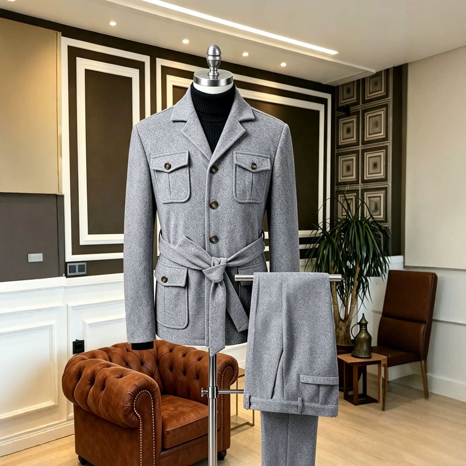 Manteau à manches simples pour hommes Lapel avec plusieurs poches