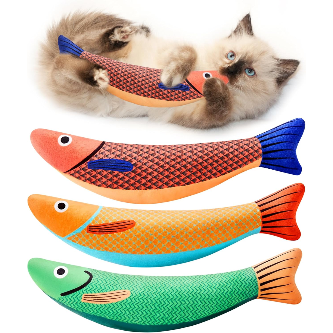 Jouet chat herbe à chat : 3 poissons à câliner et à mordiller