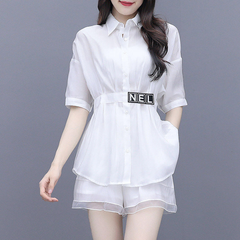 Women's Mid-Waist Long-Sleeved Shorts Set